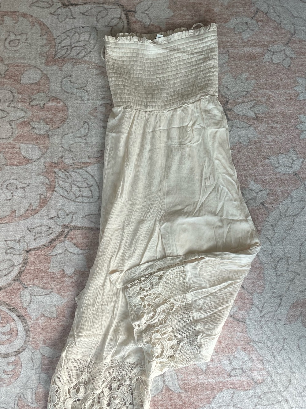 American Eagle Outfitters Cream Strapless Lace-Trim Romper